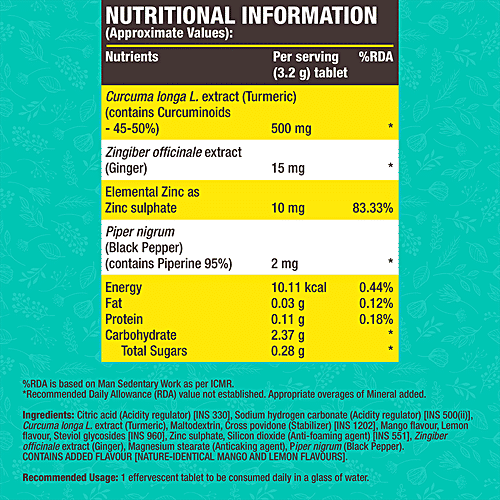 Fast&Up Curcumin Turmeric Extract 500 mg Effervescent Tablets - Immunity Shield, Mango, 25 pcs Tube 