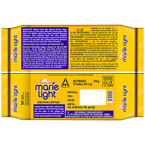 Sunfeast Marie Light Active Biscuits, 956 g (Family Pack) With Iron and 6 Vitamins, Tea-Time Biscuits