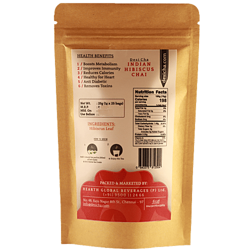 Desi Cha Indian Hibiscus Chai/Tea - Herbal Infusion, Caffeine Free, 25 g (1g x 25 Tea bags) 