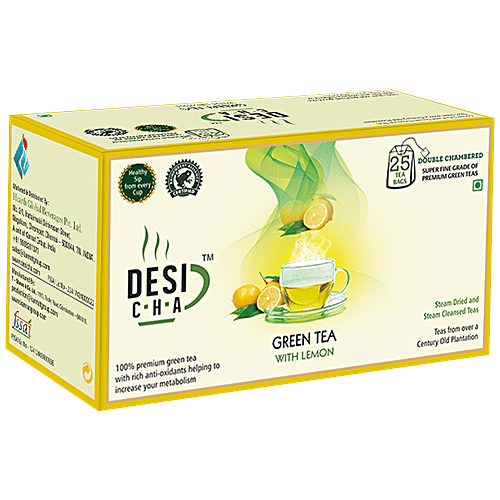 Desi Cha Green Tea Bags With Envelope - Natural Lemon Flakes, 50g (25 tea bags * 2g)  