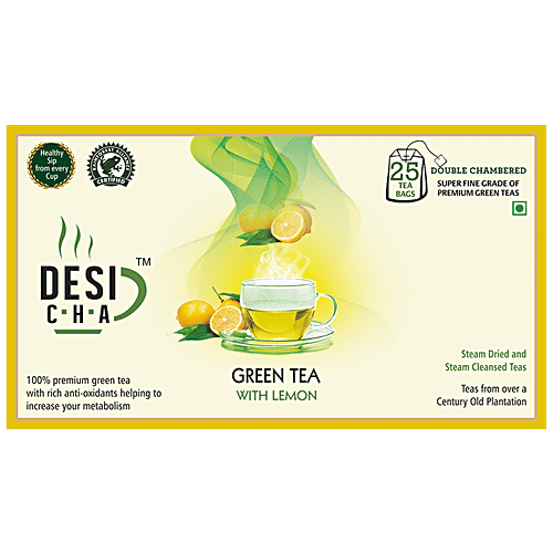 Desi Cha Green Tea Bags With Envelope - Natural Lemon Flakes, 50g (25 tea bags * 2g)  
