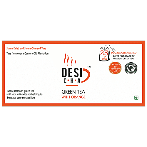 Desi Cha Green Tea Bags With Envelope - Natural Orange Flakes, 50 g (25 Tea bags x 2 g) 