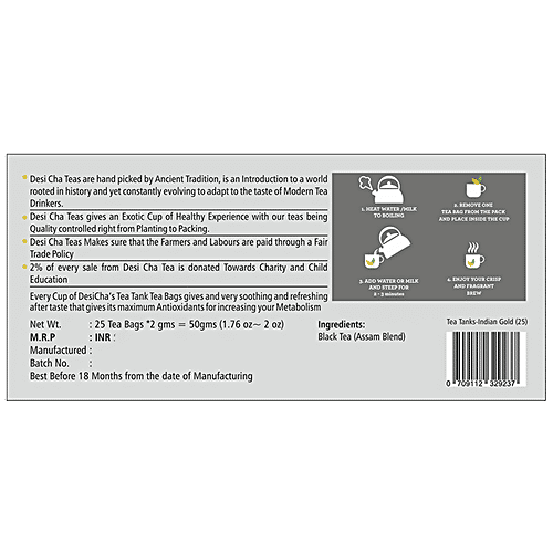 Desi Cha Indian Gold Black Tea Bags With Envelope - Assam Blend, 50 g (25 Tea bags x 2 g) 