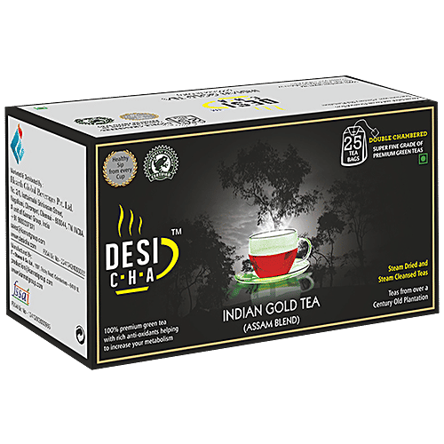 Desi Cha Indian Gold Black Tea Bags With Envelope - Assam Blend, 50 g (25 Tea bags x 2 g) 