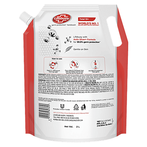 Lifebuoy Total 10+ Handwash - 99.9% Germ Protection, Active Silver 10+ Formula, 2 L Refill Pack 