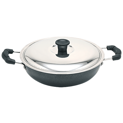 NANDI Aluminium Kadai - 2 Layer, Non Stick Coated, 3 mm, Stainless Steel Lid, Backlite Handle, 1 pc