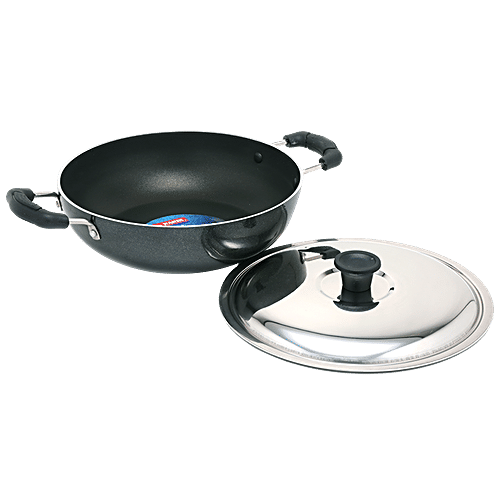 NANDI Aluminium Kadai - 2 Layer, Non Stick Coated, 3 mm, Stainless Steel Lid, Backlite Handle, 1 pc