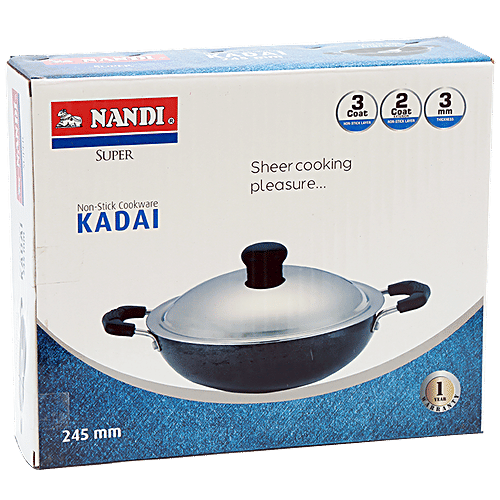 NANDI Aluminium Kadai - 2 Layer, Non Stick Coated, 3 mm, Stainless Steel Lid, Backlite Handle, 1 pc