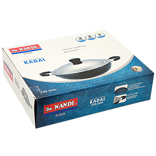 NANDI Aluminium Kadai - 2 Layer, Non Stick Coated, 3 mm, Stainless Steel Lid, Backlite Handle, 1 pc