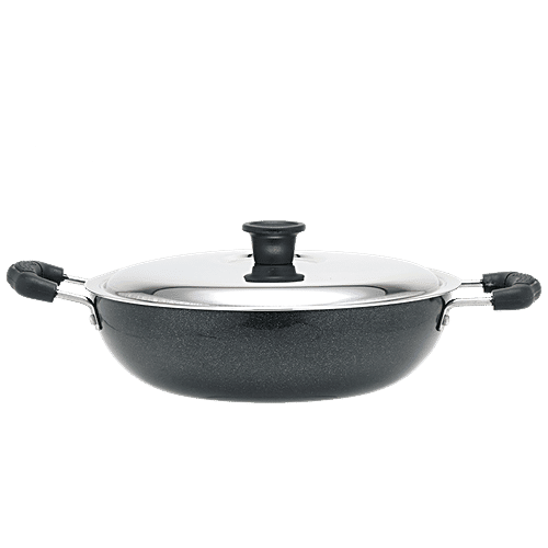 NANDI Aluminium Kadai - 2 Layer, Non Stick Coated, 3 mm, Stainless Steel Lid, Backlite Handle, 1 pc