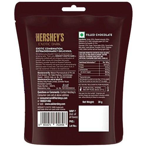 Hershey's Exotic Dark Californian Almonds Chocolate - Sprinkled With Blackberry Flavour, 30 g  Dark Cocoa Rich Flavoured Centre Chocolates