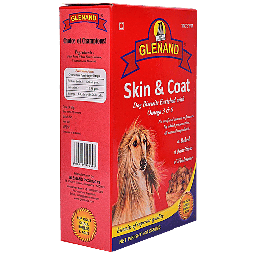 GLENAND Skin & Coat Dog Biscuits - With Omega 3 & 6, Nutritious, No Preservatives & Artificial Colours, 500 g  