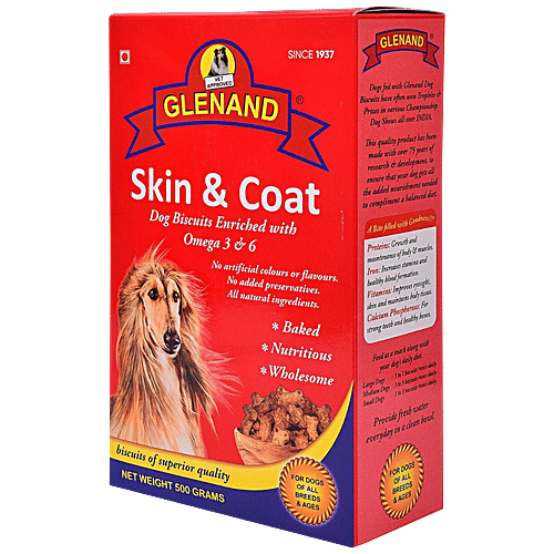 GLENAND Skin & Coat Dog Biscuits - With Omega 3 & 6, Nutritious, No Preservatives & Artificial Colours, 500 g  