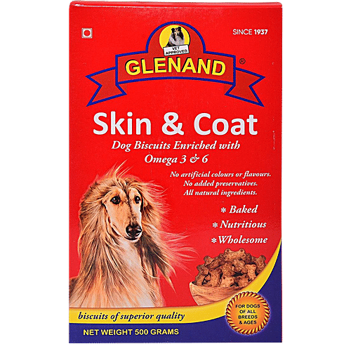 GLENAND Skin & Coat Dog Biscuits - With Omega 3 & 6, Nutritious, No Preservatives & Artificial Colours, 500 g  