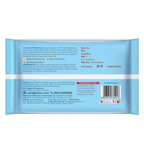 Niine  Niine  Baby Wipes - Cottony Soft, Enriched With Aloe Vera & Vitamin E, Biodegradable 20 pcs, 20 pcs  