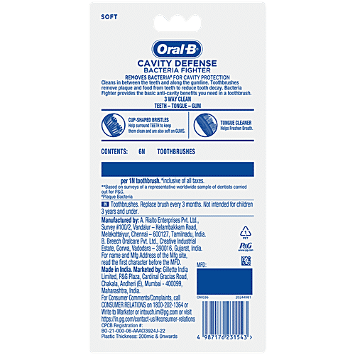 Oral-B Bacteria Fighter Cavity Defense Tooth Brush, 6 pcs
