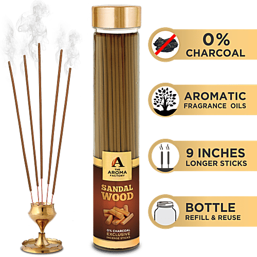 The Aroma Factory Incense Sticks/Agarbatti - Sandalwood, Made With 0% Charcoal, 100 g Bottle