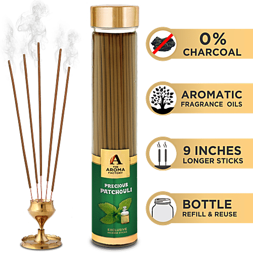 The Aroma Factory Incense Sticks/Agarbatti - Patchouli, Made With 0% Charcoal, 100 g Bottle