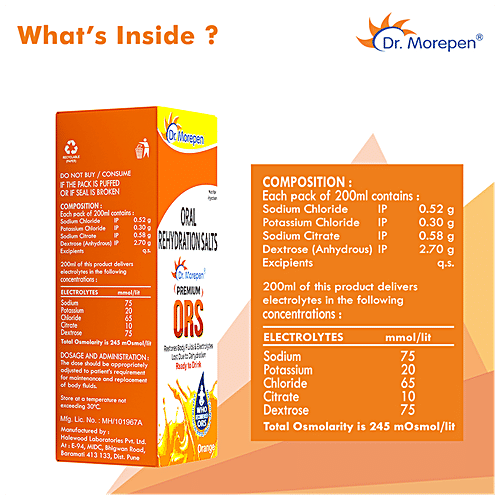 Dr. Morepen Premium ORS Drink With Electrolytes - For Instant Hydration, Orange, 200 ml  