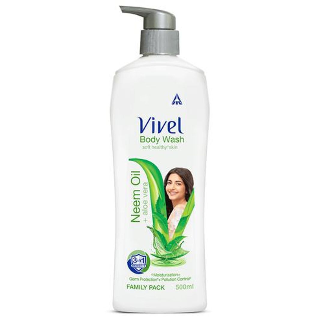 Vivel Body Wash - Neem Oil & Aloe Vera, Protecting, Moisturising, For Soft, Smooth Skin, 500 ml Pump Bottle