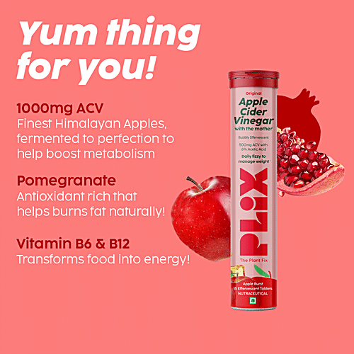 Plix Life Apple Cider Vinegar Effervescent Tablet - For Weight Management, Apple Flavour, 15 pcs  