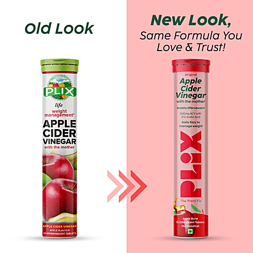 Plix Life Apple Cider Vinegar Effervescent Tablet - For Weight Management, Apple Flavour, 15 pcs  