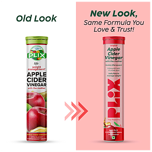 Plix Life Apple Cider Vinegar Effervescent Tablet - For Weight Management, Apple Flavour, 15 pcs  