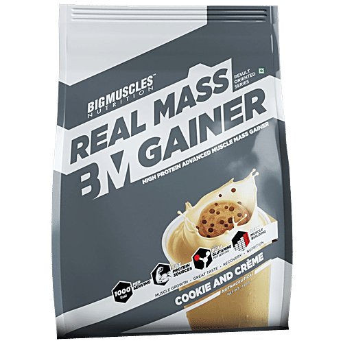 Bigmuscles Nutrition Real Mass Gainer - Cookie & Cream, For Muscle Growth, Recovery & Nutrition, 750 g  