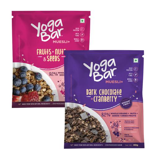 Yoga Bar Muesli Combo - Fruits, Nuts & Seeds And Dark Chocolate Cranberry,  80 g