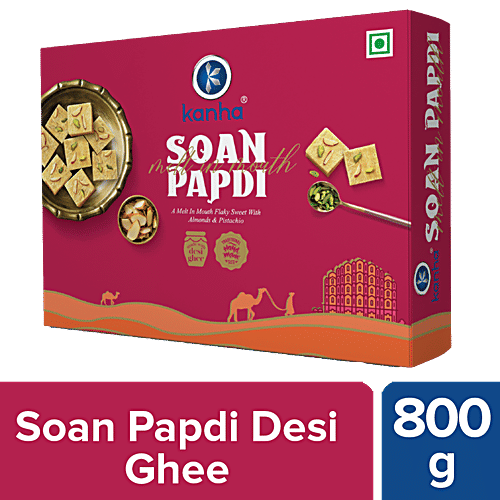 Kanha Soan Papdi - Made With Desi Ghee, Veg, Crispy & Flaky Texture, Traditional Sweet, 800 g Pouch 