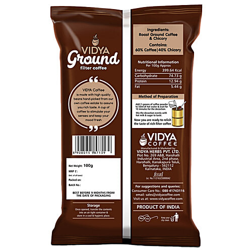 Vidya Ground  Ground Filter Coffee - Strong, 60% Coffee & 40% Chicory, 100 g  