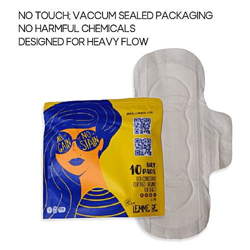 Lemme Be Heavy Flow Day Pads - 100% Cotton, Certified Biodegradable, 10 pcs Box