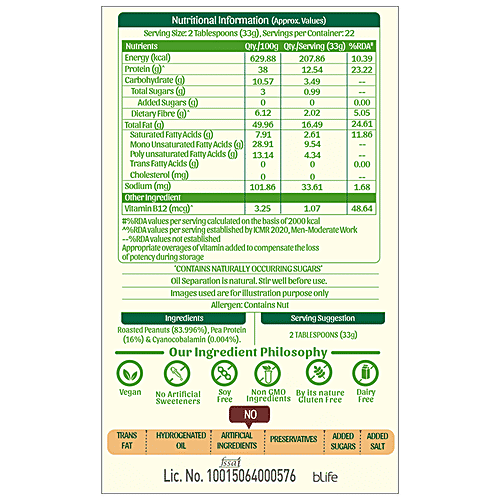 bGREEN bGREEN by HealthKart Vegan Protein Peanut Butter, 38 g Protein, Unsweetened, Crunchy, 750 g, 750 g