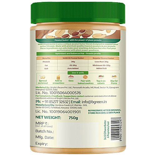 bGREEN bGREEN by HealthKart Vegan Protein Peanut Butter, 38 g Protein, Unsweetened, Crunchy, 750 g, 750 g