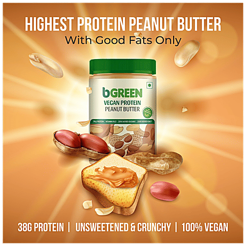 bGREEN bGREEN by HealthKart Vegan Protein Peanut Butter, 38 g Protein, Unsweetened, Crunchy, 750 g, 750 g