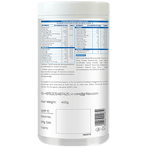 Gritzo Supermilk For 2-6 Yrs Protein & Nutrition Drink Mix - Double Chocolate, 400 g  