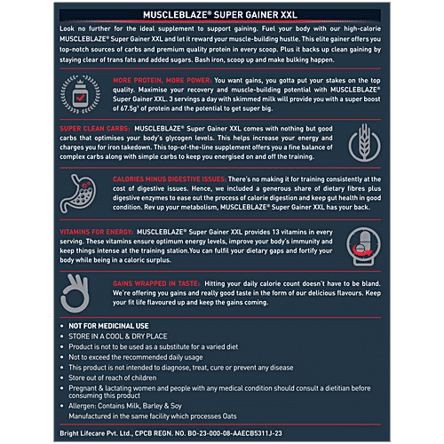 MuscleBlaze Super Gainer XXL - 67.5g Protein, Cookies & Cream Flavour, 1 kg  