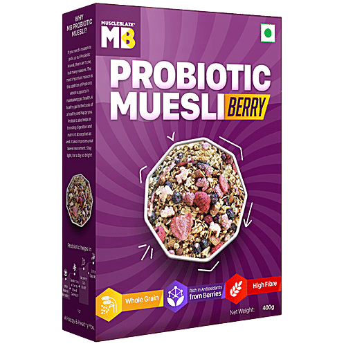 Buy MuscleBlaze Probiotic Muesli Berry, Multigrain Flakes, High In