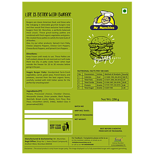 Mr. Munchies Premium Cheese Burst Burger Patty, 4 pcs Tray Pack 