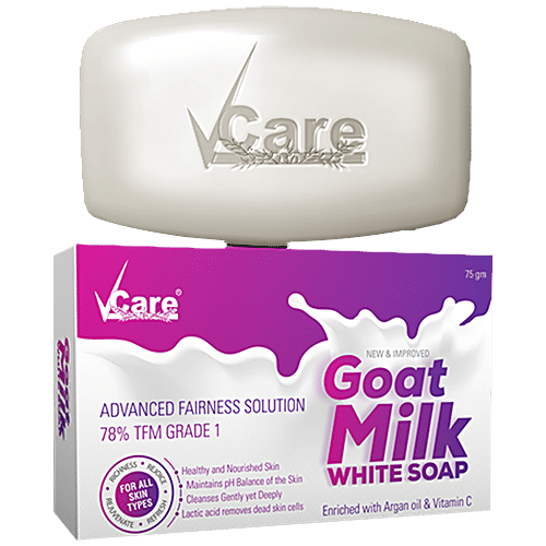 Vcare  Goat Milk White Soap - Enriched With Argan Oil & Vitamin C, For Glowing Skin, 75 g  