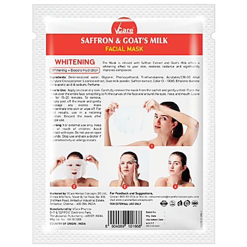 Vcare Facial Mask - With Saffron & Goat’s Milk, For Whitening, Boosts Hydration, 30 ml