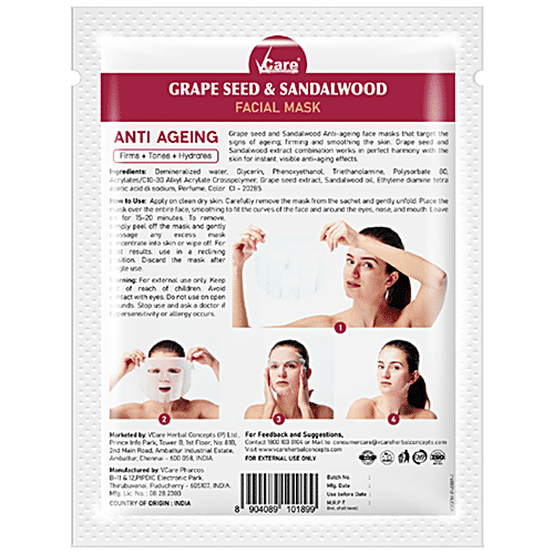 Vcare  Facial Mask - With Grape Seed & Sandalwood, For Anti Ageing, Tones The Skin, 30 ml  