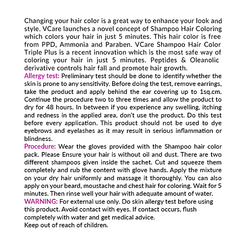 Vcare  Shampoo Hair Colour Triple Plus - No Paraben & Sulphates, Black, 15 ml  