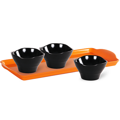 Iveo Snack Bowl & Tray Set - 100% Melamine, Orange & Black, Waves, set of 4 (Set of 4) 