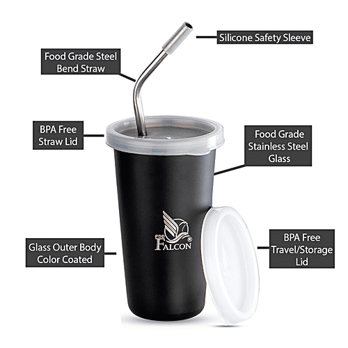 PddFalcon Stainless Steel Straw Glass - BPA Free Lid, Black, 450 ml
