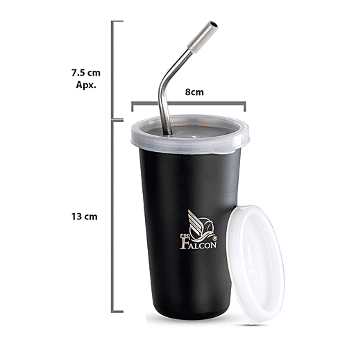 PddFalcon Stainless Steel Straw Glass - BPA Free Lid, Black, 450 ml