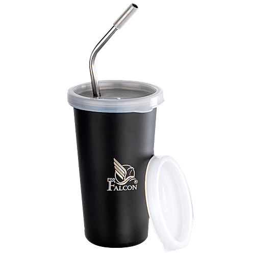 PddFalcon Stainless Steel Straw Glass - BPA Free Lid, Black, 450 ml