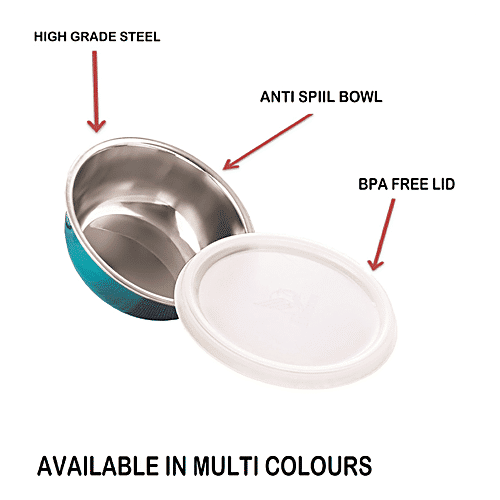 PddFalcon Steel Bowl With Lid & Spoon - Firozi, (Set of 1)  