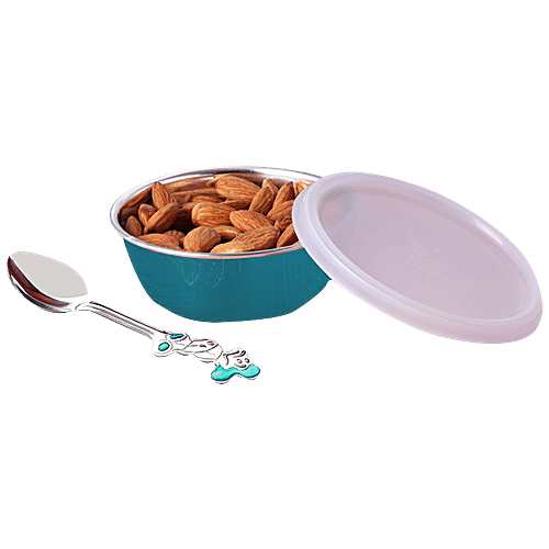 PddFalcon Steel Bowl With Lid & Spoon - Firozi, (Set of 1)  