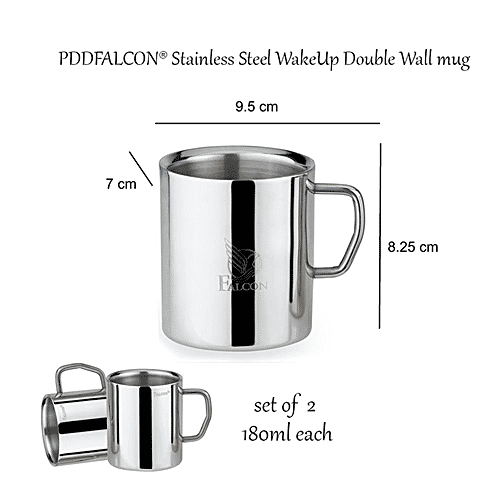 PddFalcon Wake-up Stainless Steel Double Walled Mugs - Easy Handle, 180 ml (Set of 2) 